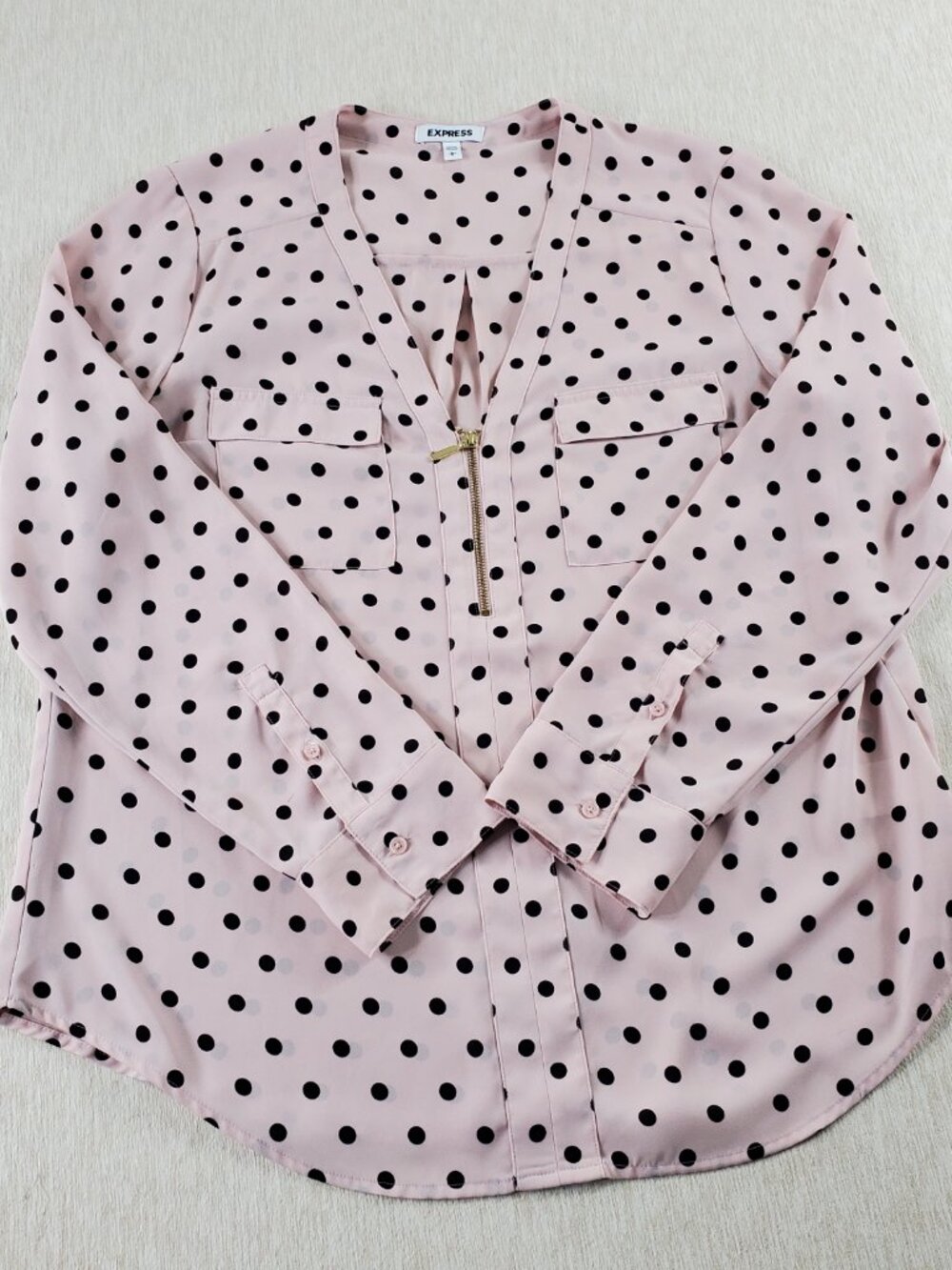 Express Sheer Blouse Large Pink/Black Polka Dot Zip V-Neck Roll Tab Sleeve - Picture 4 of 12